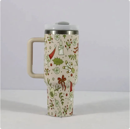 Christmas Stainless Steel Travel Mug with Handle, Lid, and Straw